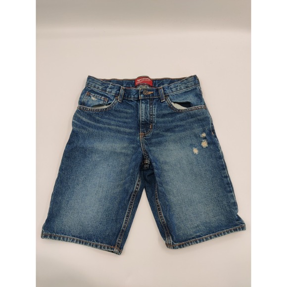 Arizona Jeans Boys Denim Shorts Size 16 Distressed Casual Blue - Picture 1 of 15